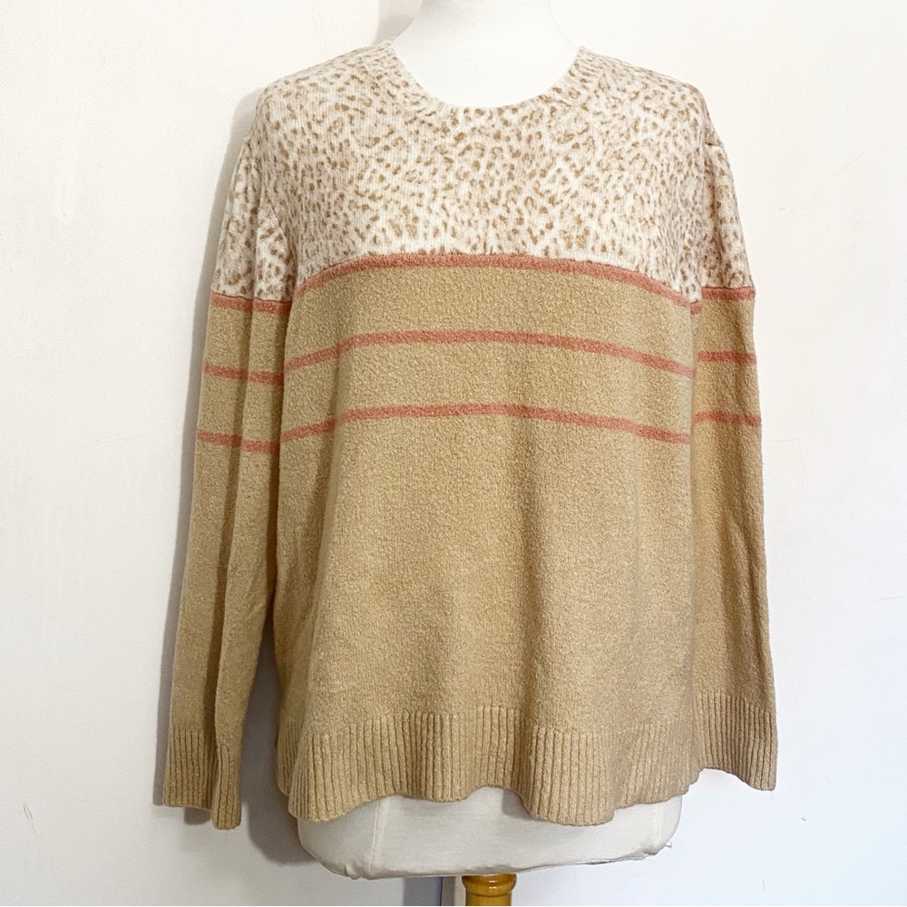BEACH LUNCH LOUNGE fuzzy texture color block rib trim medium weight sweater XXL